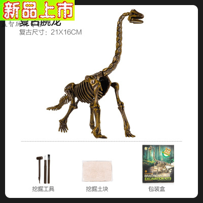 儿童仿真恐龙塑胶化石模型套装动物考古霸王龙挖掘三角龙男孩骨架涂装升级版-腕龙化石
