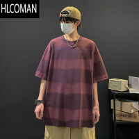 HLCOMAN条纹做旧短袖t恤男士2025夏季新款美式复古潮牌宽松半袖体恤