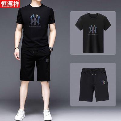恒源祥男士棉T恤套装两件套休闲宽松大码短袖短裤中青年运动服
