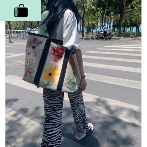 重工!幼苗薄荷大容量加厚帆布配皮花朵彩绘涂鸦托特单肩包NEW LAKE 重工涂鸦秒发女士单肩包 重工涂鸦现货秒发