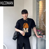 HLCOMAN欧美高街复古字母印花短袖T恤男夏季时尚潮牌痞帅宽松小领口上衣