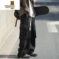 YANXU黑色工装裤男士日系大码宽松直筒休闲新款秋季男生潮牌拖地长裤子