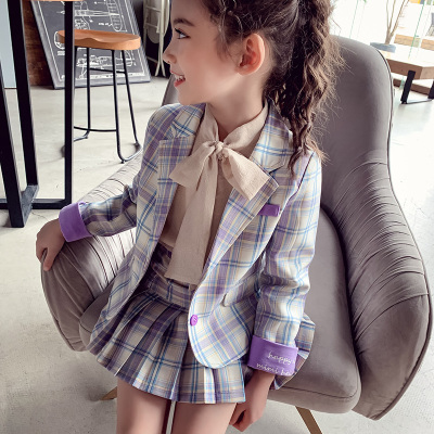 七斓女童西装套装小女孩春装新款洋气网红格子套裙中大童时髦两件套
