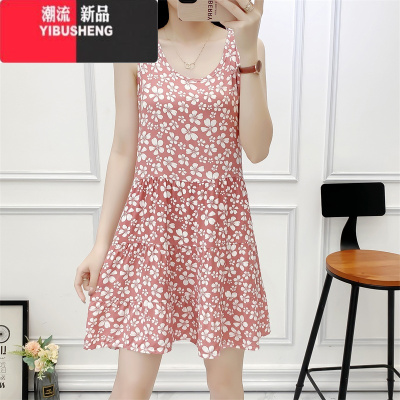 YIBUSHENG大摆宽松洋气小个子吊带无袖棉绸连衣裙女季外穿中长款碎花清新