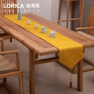 新中式桌旗禅意色棉麻茶几餐桌布日式长条北欧现代简约五斗柜布 平织-黄色 33*280cm(适用桌长2.3米-2.4米)