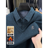 秋冬T恤男加厚长袖假两件休闲亲肤打底衫加绒保暖中老年百搭上衣