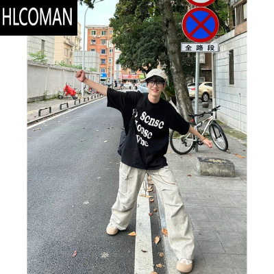 HLCOMAN300g美式复古高街风短袖T恤男夏季小众设计感字母印花上衣潮