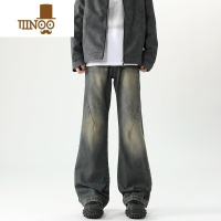 YANXU美式复古cleanfit微喇牛仔裤男秋季潮牌高街宽松黄泥染水洗直筒裤