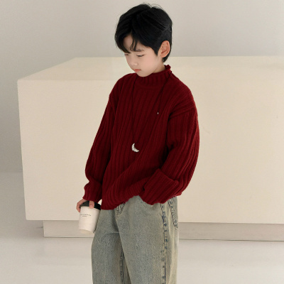 男童秋冬款毛衣儿童冬季加厚半高领红色拜年服针织衫冬装新款