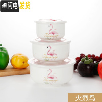 三维工匠陶瓷保鲜碗三件套冰箱收纳盒微波炉碗密封带盖大号便当盒面碗定购 火烈鸟(关注收藏优先发货)
