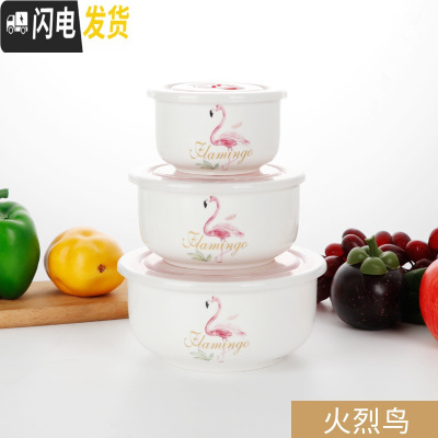三维工匠陶瓷保鲜碗三件套冰箱收纳盒微波炉碗密封带盖大号便当盒面碗定购 火烈鸟(关注收藏优先发货)