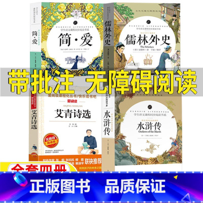 [完整版四册]水浒传+艾青诗选+简爱+儒林外史 [正版]艾青诗选原著九年级初中三年级上册必读青少年外书彩图美绘插图版天地