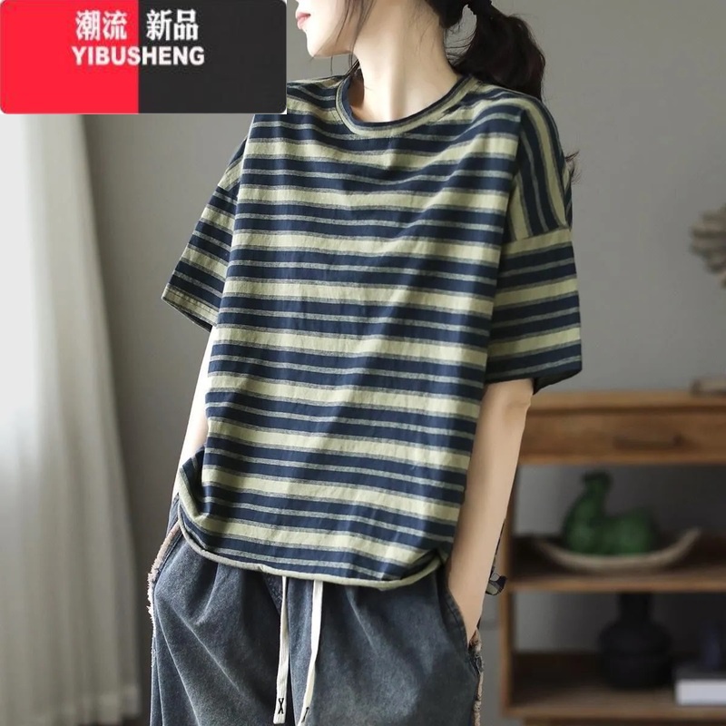 YIBUSHENG半袖体恤宽松大码女装季新款韩版设计感小众条纹短袖t恤女上衣