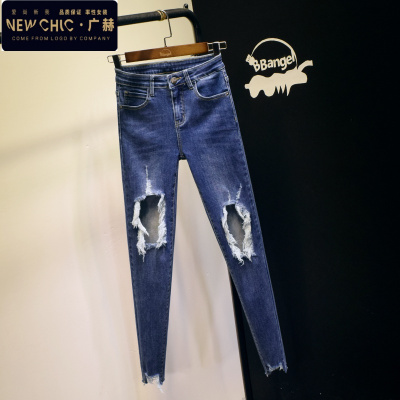 广赫韩国个性大破洞牛仔裤女时尚乞丐裤高腰弹力显瘦紧身小脚九分裤牛仔裤