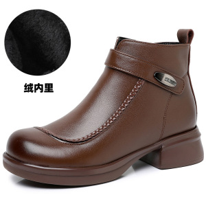 秋冬季新款女式棉靴粗跟软底复古头层软牛皮中跟女靴圆头短靴