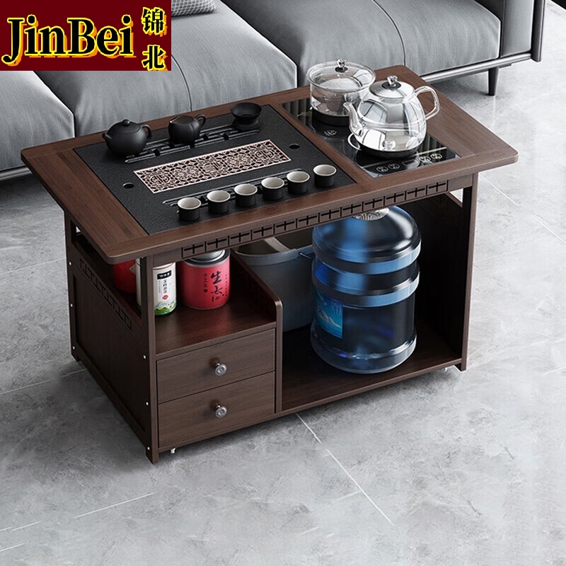 锦北 移动茶台家用竹木小茶桌烧水壶一体简约现代功夫茶几 80长玻璃+黑陶茶具