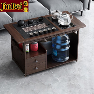 锦北 移动茶台家用竹木小茶桌烧水壶一体简约现代功夫茶几 80长玻璃+黑陶茶具