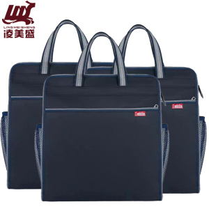 凌美盛 树皮纹竖款手提文件袋双侧带网兜定制909-1 蓝色/个