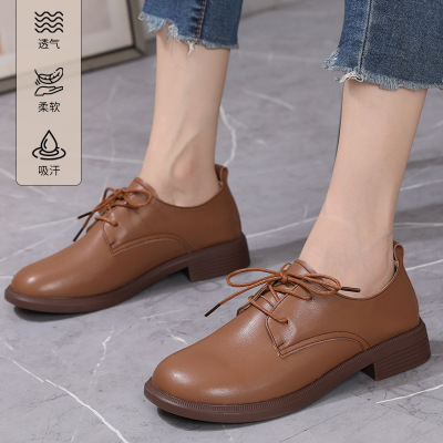 软皮软底布洛克小皮鞋春秋季软底平跟圆头牛皮系带单鞋女