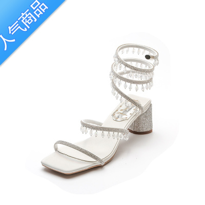 SUNTEK水钻粗跟凉鞋女2023夏季新款仙女风一字带蛇形缠绕罗马绑带高跟鞋