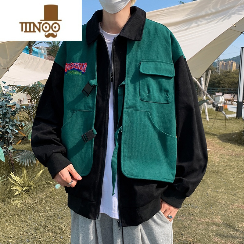 YANXU假工装外套男拼接刺绣潮牌ins痞帅日系高街嘻哈法式夹克