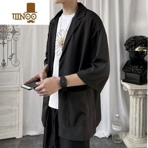 YANXU夏季超薄款中长款风衣男潮流披风宽松西服领七分中袖长款外套衣服 黑色中长款 5XL