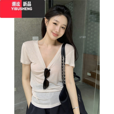 YIBUSHENG薄款微透v领短袖正肩T恤女季修身基础款打底衫辣妹显瘦百搭上衣