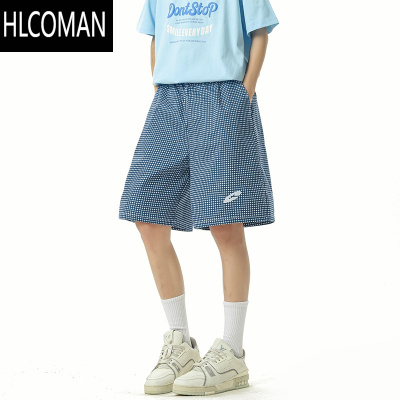 HLCOMAN美式刺绣格子短裤男女夏季新款宽松休闲速干五分裤薄款阔腿沙滩裤