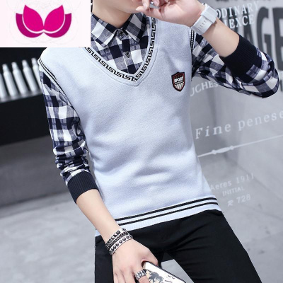 七斓新款假套头T恤男修身衬衫领时尚体恤衫潮流打底衫上衣男