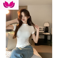 七斓纯欲半高领T恤女夏装ins百搭纯色上衣辣妹紧身内搭短袖正肩打底衫