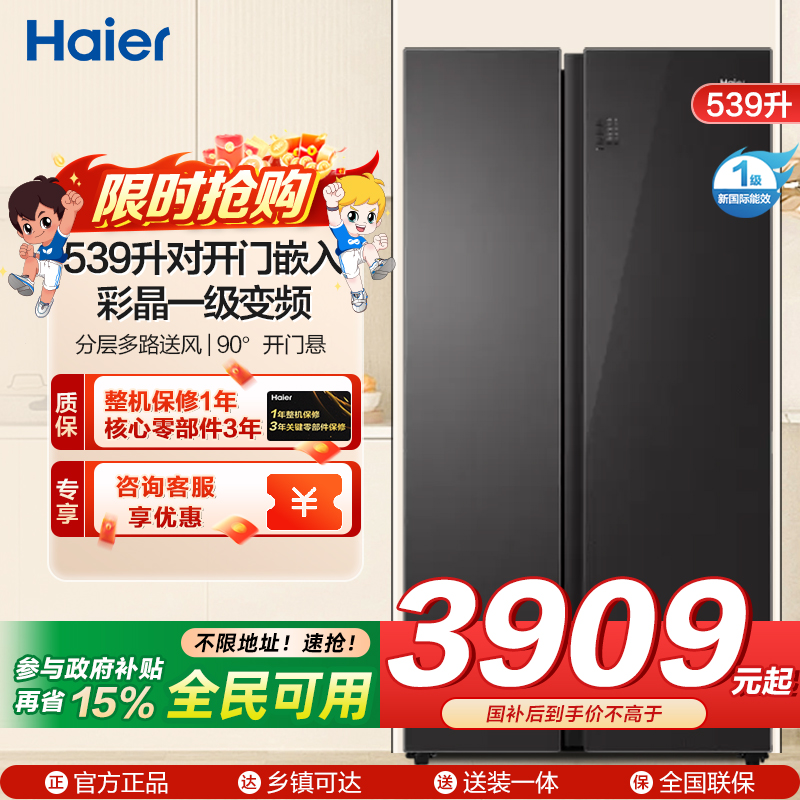 海尔(Haier)539升对开门嵌入冰箱 彩晶一级变频 阻氧干湿分储 DEO净味家用 BCD-539WGHSSE5SL