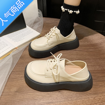 SUNTEK厚底小皮鞋女英伦风2023新款春秋玛丽珍单鞋松糕系带白色jk乐福鞋