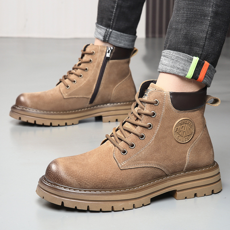 马丁靴拉链款男冬季加绒户外厚底工装靴男士真皮英伦风保暖靴子男