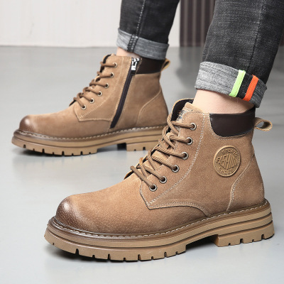 马丁靴拉链款男冬季加绒户外厚底工装靴男士真皮英伦风保暖靴子男