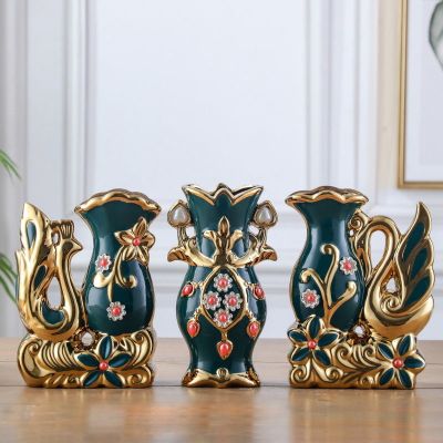 封后欧式陶瓷花瓶插花工艺品套装仿真花天鹅摆件电视柜客厅装饰品摆设大天鹅三件套（墨绿色）