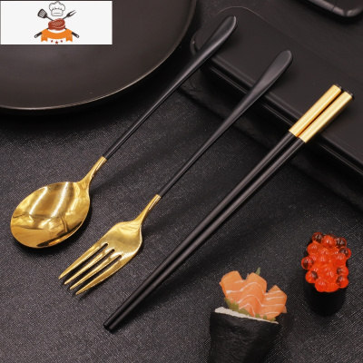 304不锈钢小勺子ins风创意可爱长柄韩式家用调羹汤勺网红餐勺吃饭 敬平 黑金款四件套(筷子+勺子+叉子+