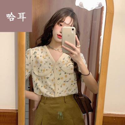 短袖衬衣寸衫女款半袖碎花衬衫女夏2021新款韩版宽松小香风名媛V领设计感短袖衬衣上衣
