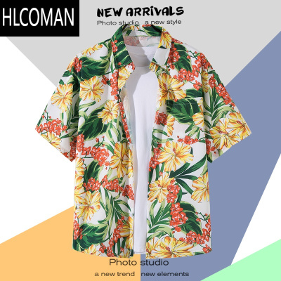 HLCOMANins港味vintage古着感短袖花衬衫男泰国夏威夷复古衬衣痞帅外套潮