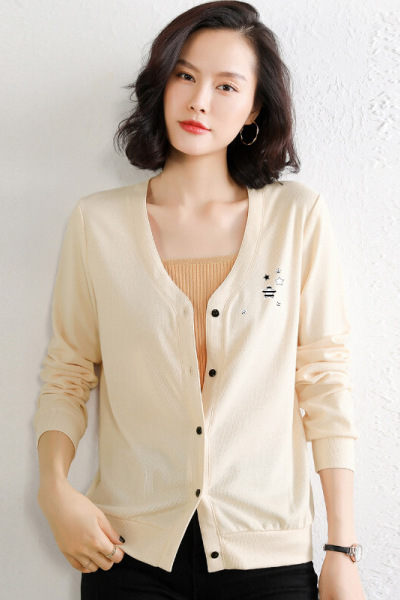 迪鲁奥（DILUAO)2019年秋季款新款女装外搭毛针织袖上衣女士宽松v领针织小