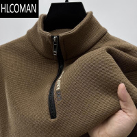 HLCOMAN美式新款华夫格加绒加厚卫衣男半拉链冬季t恤长袖立领打底衫上衣