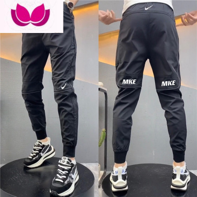 七斓休闲裤男2022夏季薄款速干冰丝裤快手网红潮流修身拼接运动小脚裤