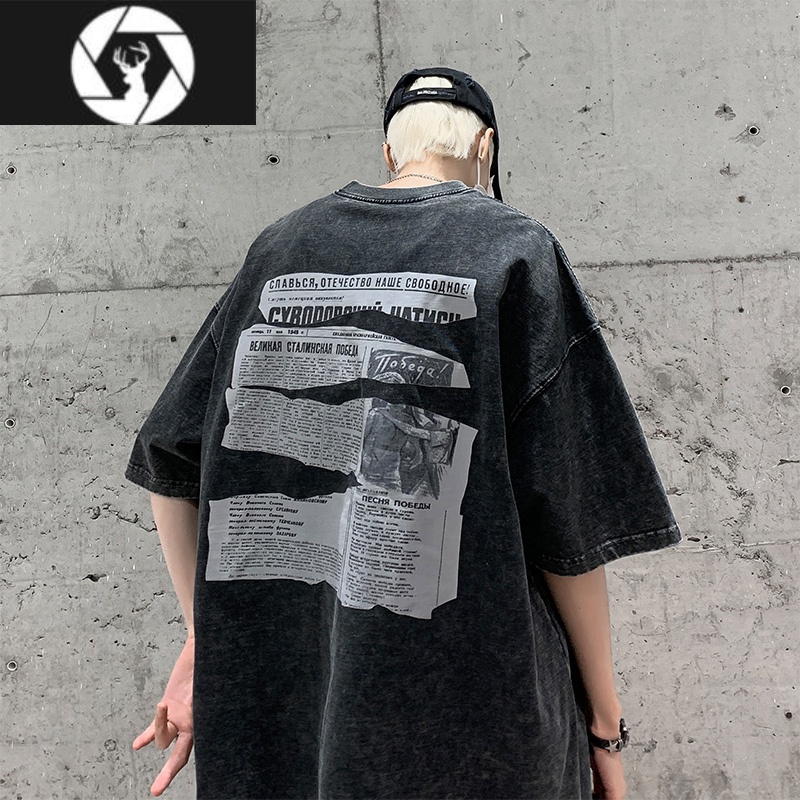 hongzun报纸短袖t恤男款宽松大码夏季美式高街水洗做旧衣服