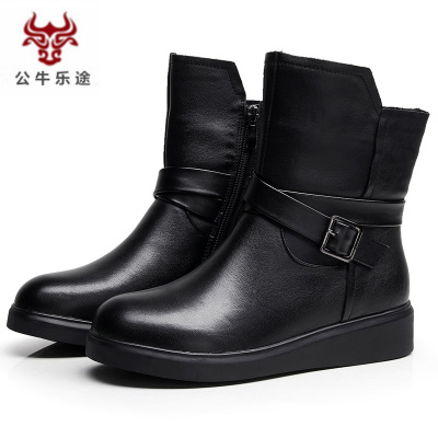 公牛乐途2020秋冬季女鞋平跟短靴女加绒棉靴女棉鞋真皮靴子马丁靴女英伦风女靴
