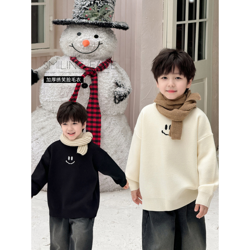 童酷儿童冬款湖州织里童装笑脸提花针织衫加厚圆领男童毛衣潮