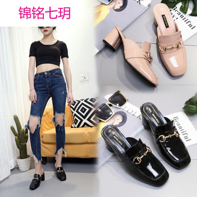 欧美2018春夏季新款凉拖鞋粗跟女士包头懒人鞋半拖鞋厂价批发