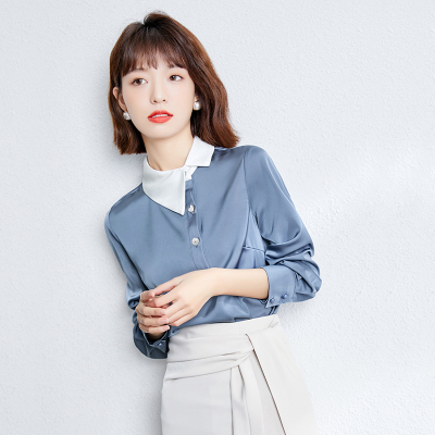 佐露絲OL职业衬衫女设计感小众2021春装新款高级感缎面雪纺衬衣长袖女士上衣