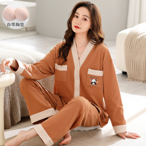 啄木鸟睡衣女秋冬季德绒带胸垫长袖开衫加厚保暖磨毛居家居服套装