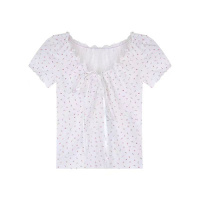 木耳边设计感别致短袖T恤夏季新款系带碎花女式修身显瘦上衣外穿