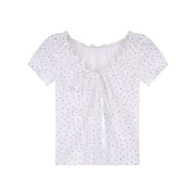 木耳边设计感别致短袖T恤夏季新款系带碎花女式修身显瘦上衣外穿