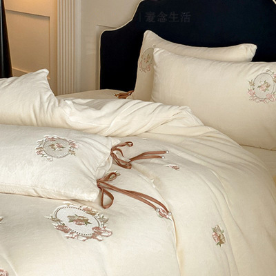 公主风刺绣绑带式牛奶绒四件套1.8/2.0m珊瑚绒加厚保暖冬季床品